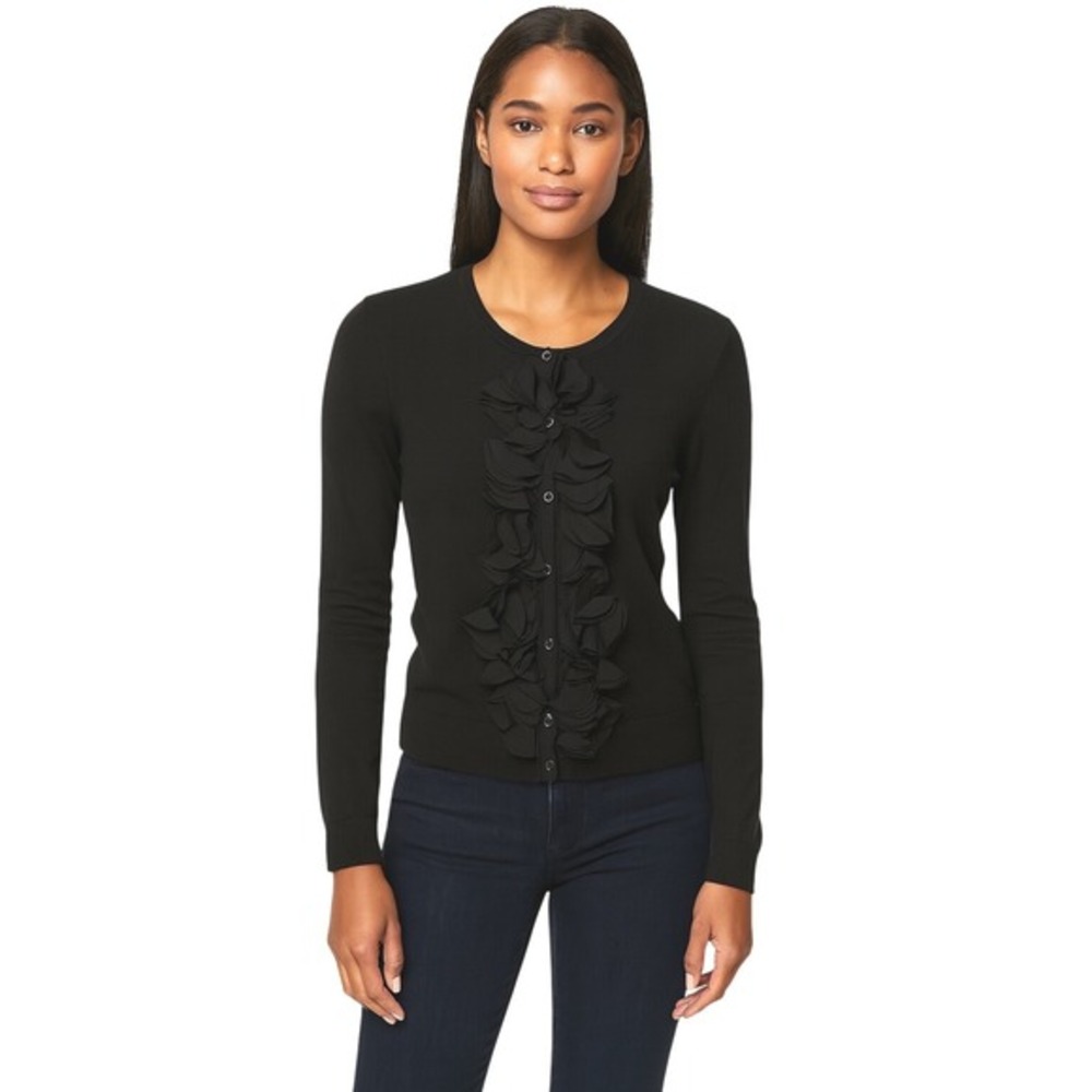 LOFT Black Ruffle Front Cardigan‎ Sweater Button Up M Whimsigoth Academia 91-15